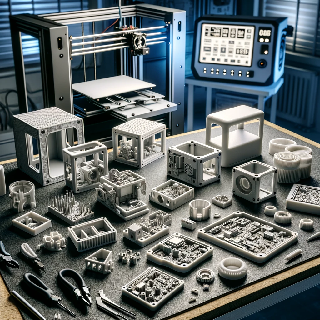 A collection of 3D printed prototypes on a workbench. The scene shows various custom-made electronic housings and parts, fresh from a 3D printer. In the background, the 3D printer can be seen in operation as well as tools used in the prototyping process. The setting emphasizes the precision and diversity that can be achieved with 3D printing technology in an industrial environment, without visible people.